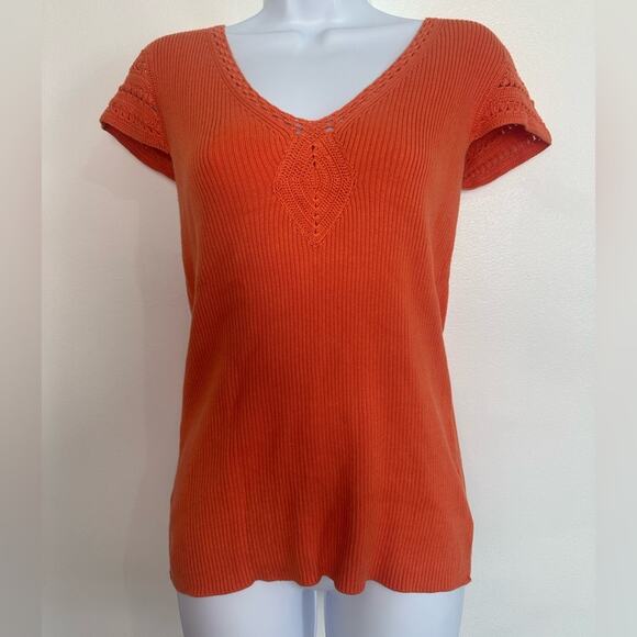 Y2K Style Knit Short Sleeve Light Sweater, Embroidered Style, Orange, Sz Large - Picture 2 of 6